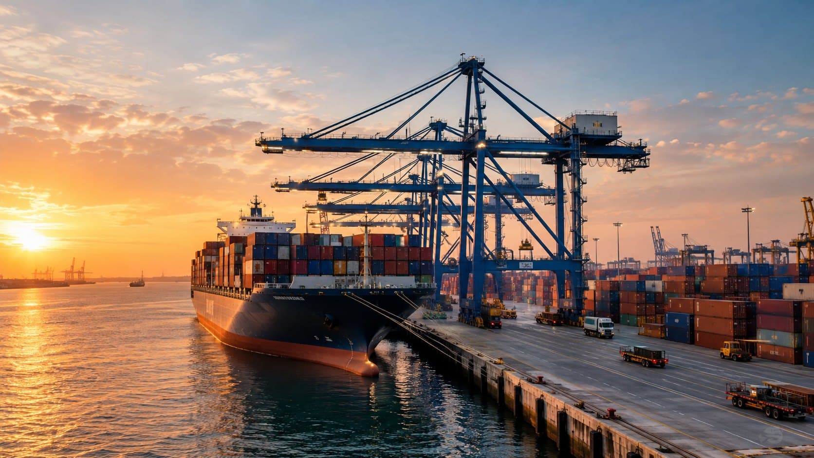 Container ship docked under gantry cranes at a port terminal at sunset